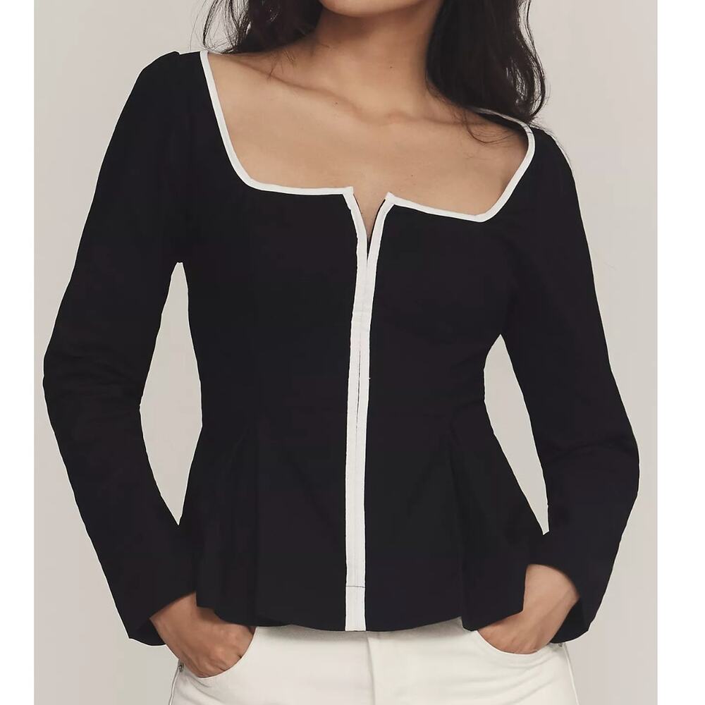 NWT Maeve Anthropologie Black White Zip-Front Square-Neck Top • Size S